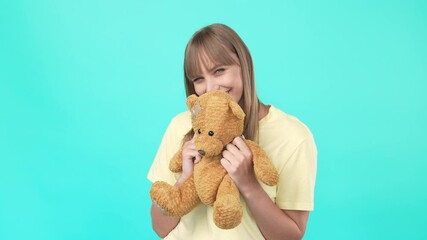 Poster - Shiny inspired lady hold pretty soft toy beaming smile