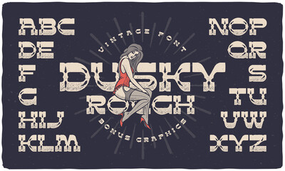 Wall Mural - Font set named Dusky Rough with textured effect and vector female pin-up illustration