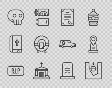 Set Line Speech Bubble Rip Death, Coffin In Grave, Death Certificate, Old Crypt, Skull, Memorial Wreath, Grave With Tombstone And Location Icon. Vector