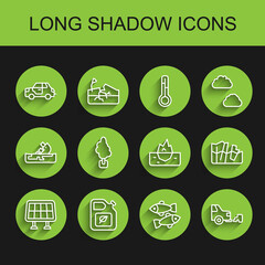 Sticker - Set line Solar energy panel, Bio fuel canister, Car, Dead fish, exhaust, Tree, Glacier melting and Iceberg icon. Vector