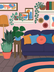 Digital illustration of a home interior. Bright illustration with a sofa, house plants in pots, picture frames, carpet ad etc. Print for postcards, posters, covers.