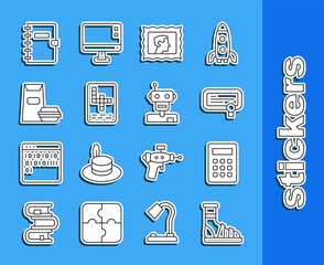 Canvas Print - Set line Slippers with socks, Calculator, Certificate template, Postal stamp, Crossword, Burger, Spiral notebook and Robot icon. Vector