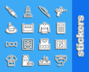 Canvas Print - Set line Virtual reality glasses, Postal stamp, Calculator, Fountain pen nib, Pendulum, Man hat, Audio jack and Sweater icon. Vector