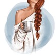 A girl with a long red braid, in a sweater, cardigan, holding a drink with cup of tea, coffee, latte, morning, breakfast.