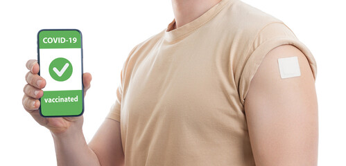man with vaccination on shoulder on white background