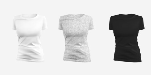 Mockup of white, heather, black womens t-shirt, 3D rendering, isolated on background, set front view