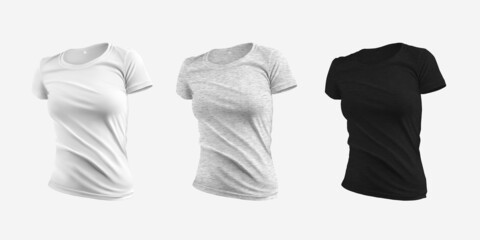 Wall Mural - Mockup of white, heather, black womens t-shirt, 3D rendering, isolated on background, set front view