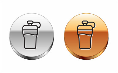 Sticker - Black line Fitness shaker icon isolated on white background. Sports shaker bottle with lid for water and protein cocktails. Silver-gold circle button. Vector