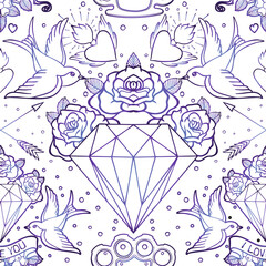 Wall Mural - Old school tattoo style seamless pattern. Classic vector tattoo doodle elements: flower, sacred heart, diamond, swallow, brass knuckles. Traditional Tattooing inspired. Wrapping paper, textile.