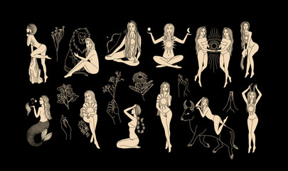 Wall Mural - zodiac signs collection. mystical silhouettes. astrological symbols. illustrations of women. mysteri