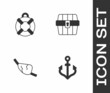 © Oksana - Set Anchor, Lifebuoy, Pirate eye patch and Antique treasure chest icon. Vector