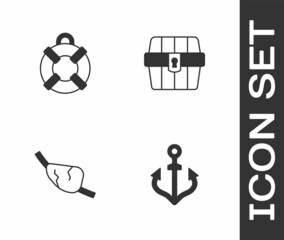 Wall Mural - Set Anchor, Lifebuoy, Pirate eye patch and Antique treasure chest icon. Vector