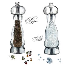Watercolor Pepper And Salt Shaker. Pepper And Salt Mill. Food Illustration