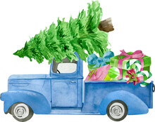 Watercolor Blue Christmas Truck With Pine Tree And Gift Boxes.
