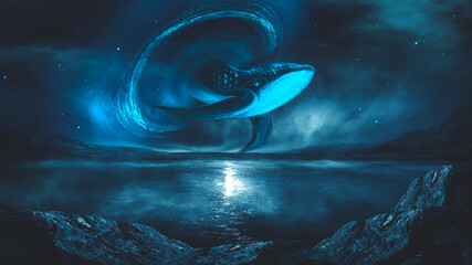 Abstract night fantasy landscape with an island, a whale in the sky, a dark fantasy scene, an unreal world, a fish, a whale, a sperm whale. Reflection of neon light, water, depths of the sea. 3D 