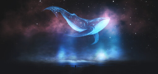 Abstract night fantasy landscape with an island, a whale in the sky, a dark fantasy scene, an unreal world, a fish, a whale, a sperm whale. Reflection of neon light, water, depths of the sea. 3D 