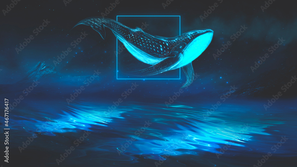 Abstract night fantasy landscape with an island, a whale in the sky, a dark fantasy scene, an unreal world, a fish, a whale, a sperm whale. Reflection of neon light, water, depths of the sea. 3D