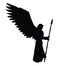 Vector Drawing Of A Black Silhouette On A White Background Of A Beautiful Girl With Long Hair. She Has Big Angel Wings On Her Back And A Weapon In Her Hand. She 's A Valkyrie .2d Art