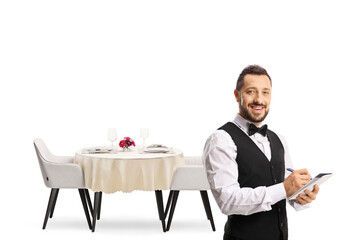 Poster - Server with a bow tie taking an order and standing in front of a table