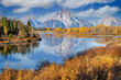 Oxbow Bend with Mount Moran in the Background and scenic lake reflections in Autumn..Grand Teton National Park.Wyoming,North America,.USA