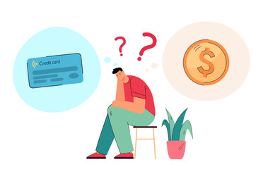 Male cartoon character thinking about credit card and coin. Man choosing between cash and debit card flat vector illustration. Finances, banking concept for banner, website design or landing web page