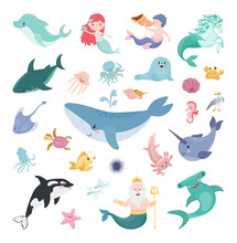 Set Of Cartoon Cute Illustrations With Nautical Characters.