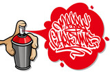 Fototapeta  - Hand holding an aerosol spraying a graffiti Merry Christmas text banner