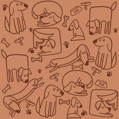 Trendy line art seamless pattern with dog for fabric design. Cute puppie sleep. Fabric pattern. Brown background. Seamless abstract pattern, texture print. Sketch drawing.