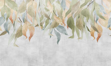 Hand-drawn Branches With Leaves Hanging From Above On A Textured Background. Seamless Pattern.