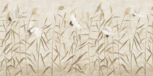 Hand-drawn Reeds With Flying Storks. For Interior Printing.