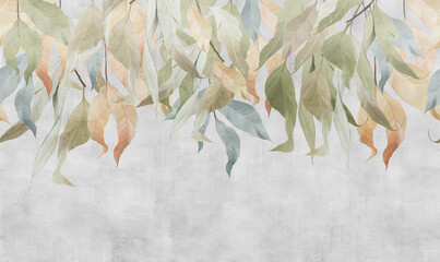 hand-drawn branches with leaves hanging from above on a textured background. seamless pattern.