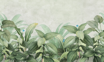 motley grass. tropical plants in the style of frescoes. seamless pattern for interior printing.
