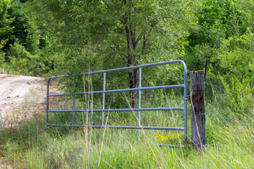  Rustic metal gate fence in a wooded area