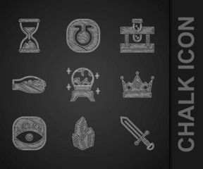 Wall Mural - Set Magic ball, stone, Medieval sword, King crown, Masons, Snake, Bottle with potion and Old hourglass sand icon. Vector