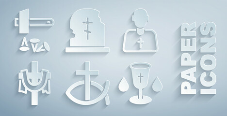 Wall Mural - Set Christian fish, Priest, cross, chalice, Grave with tombstone and Crucifixion of Jesus icon. Vector