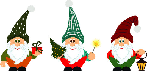 Vector illustration with three gnomes in colorful hats with a gift, a lantern, a Christmas tree and a sparkler.