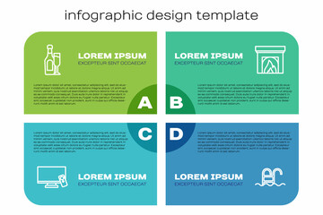 Poster - Set line Smart Tv, Champagne bottle with glass, Swimming pool and Interior fireplace. Business infographic template. Vector