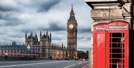 Wall Mural - London symbols with BIG BEN and red Phone Booths in England, UK