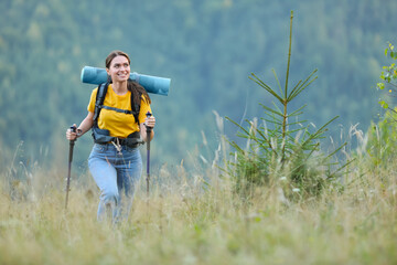 Sticker - Woman with backpack and trekking poles hiking in mountains. Space for text