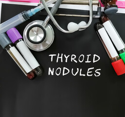 Sticker - Thyroid Nodules word, medical term word with medical concepts in blackboard and medical equipment's.