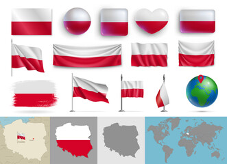 Wall Mural - poland flags of various shapes and geographic map set. realistic polish flags, glossy buttons in pat