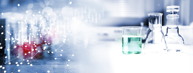 Wall Mural - flask and beaker in medical health science line of technology banner background.