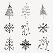 Christmas doodle sticker, cute tree and animal illustration in black vector set