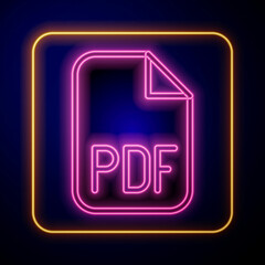 Wall Mural - Glowing neon PDF file document. Download pdf button icon isolated on black background. PDF file symbol. Vector