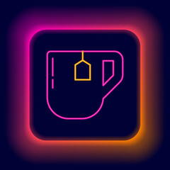 Sticker - Glowing neon line Cup of tea with tea bag icon isolated on black background. Colorful outline concept. Vector