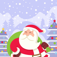 Wall Mural - Merry Christmas. Flat design Santa Claus in Christmas snow scene illustration