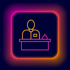 Sticker - Glowing neon line Receptionist standing at hotel reception desk icon isolated on black background. Colorful outline concept. Vector