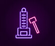 Glowing neon line High striker attraction with big hammer icon isolated on black background. Attraction for measuring strength. Amusement park. Colorful outline concept. Vector