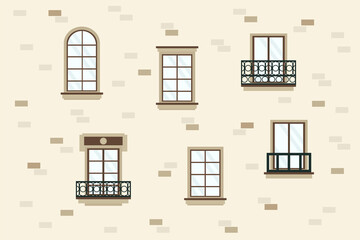 Wall Mural - Set of wooden window frames. The architecture of the house, the appearance of the city, the wall of the house. Detailed various colorful windows. Vector illustration