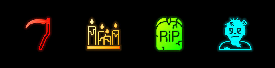 Poster - Set Scythe, Burning candle, Tombstone with RIP written and Zombie mask icon. Vector